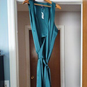 Emerald green satin wrap dress